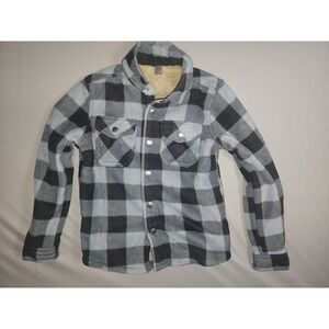 Eddie Bauer Shirt Jacket Boys Size 8 Black Gray Plaid Sherpa Lined Snap